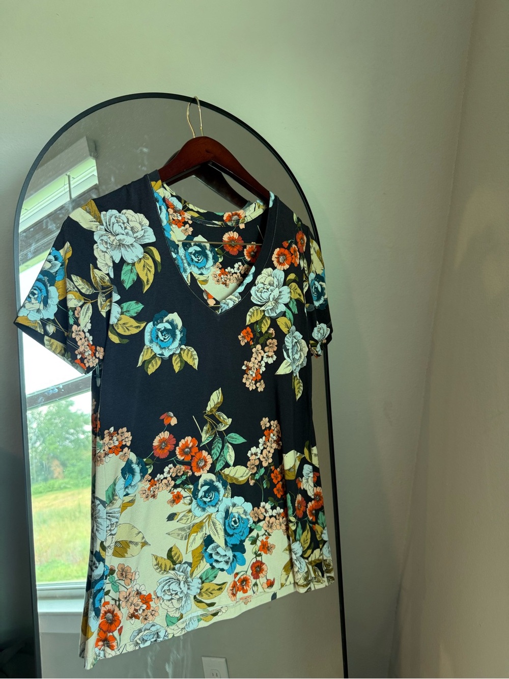 Johnny Was dark navy Floral V Neck Top Blue Orange Blooms